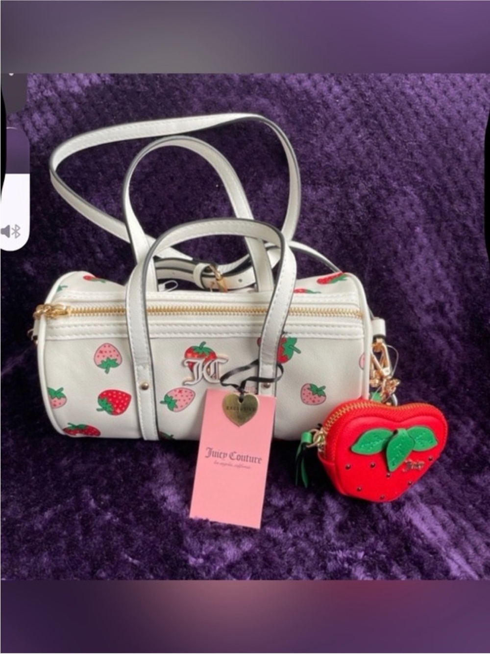Juicy Couture White Strawberry Print Barrel Bag with Red Strawberry Coin Pouch